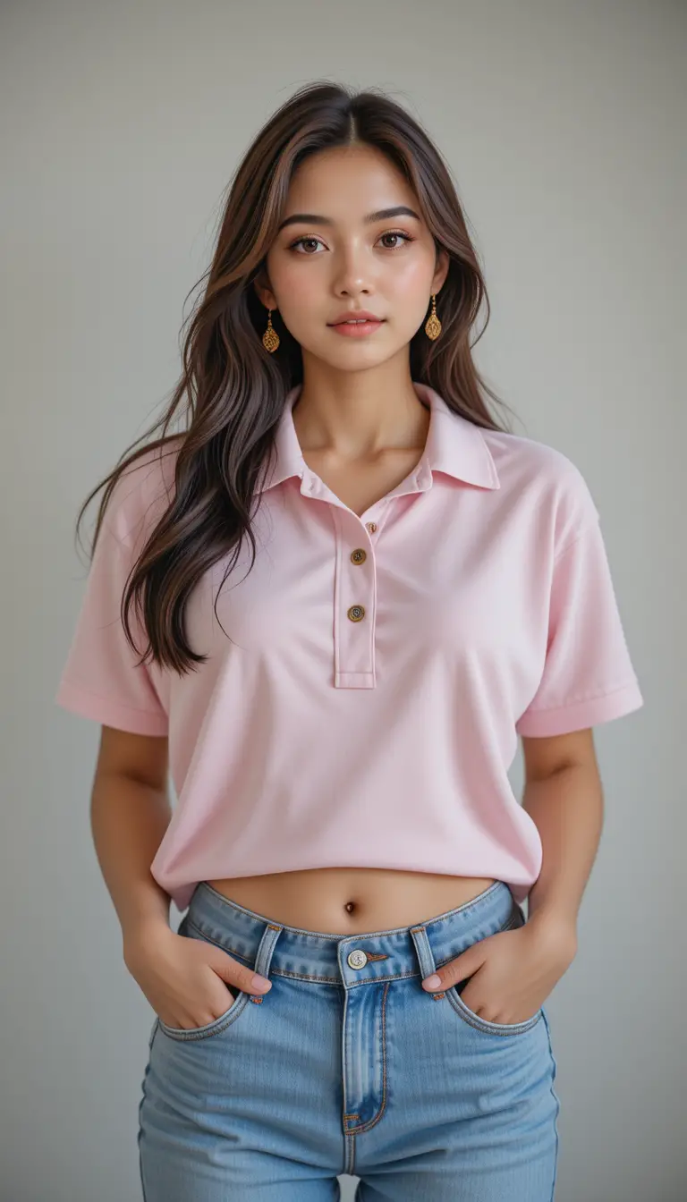 Smiling woman in oversized polo shirt and jeans