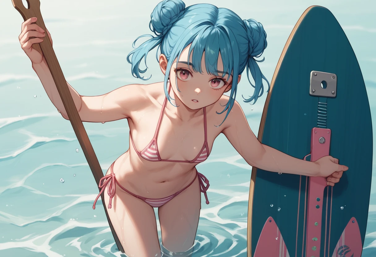 Blue haired anime girl paddling on a calm lake