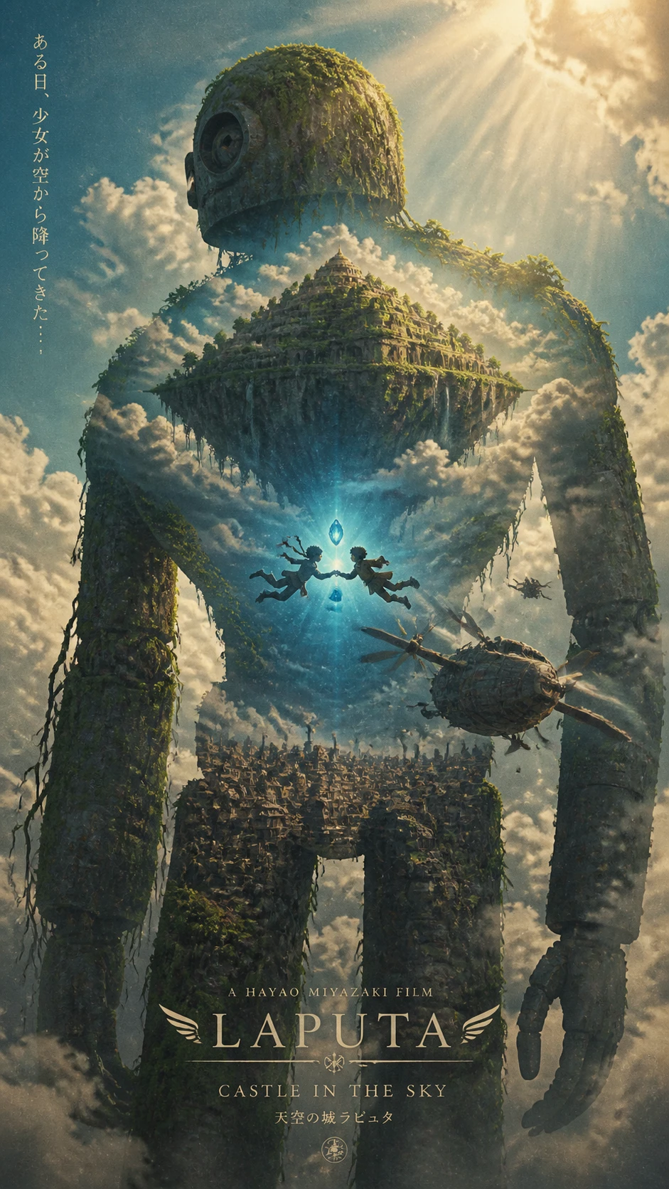 Giant robot silhouette framing a floating island in the sky