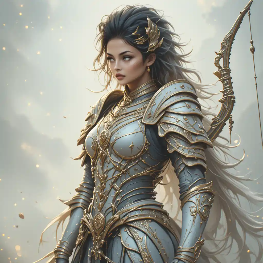 White and gold armored warrior woman on celestial horse