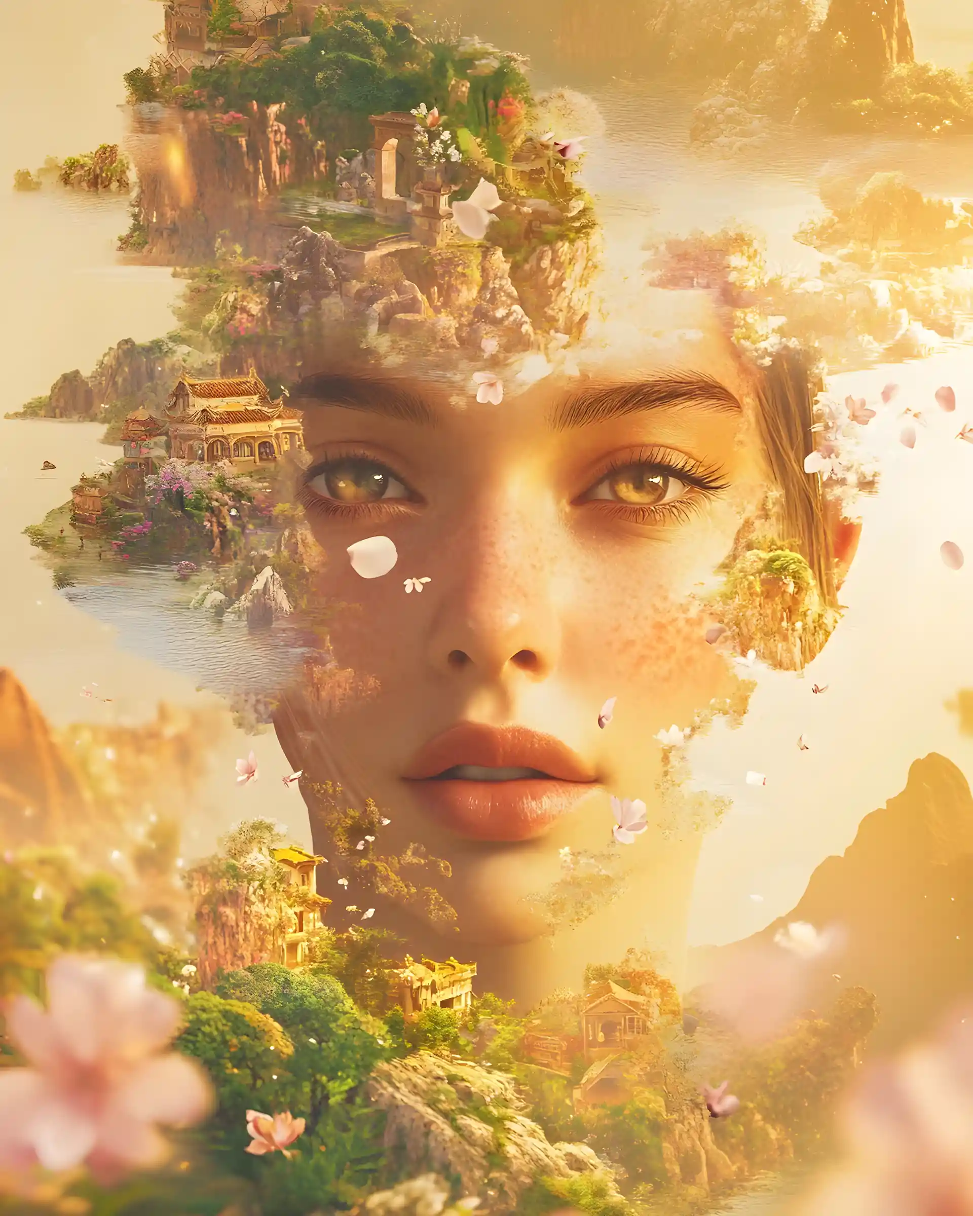 Ethereal Woman Head Above A Floating Fantasy World