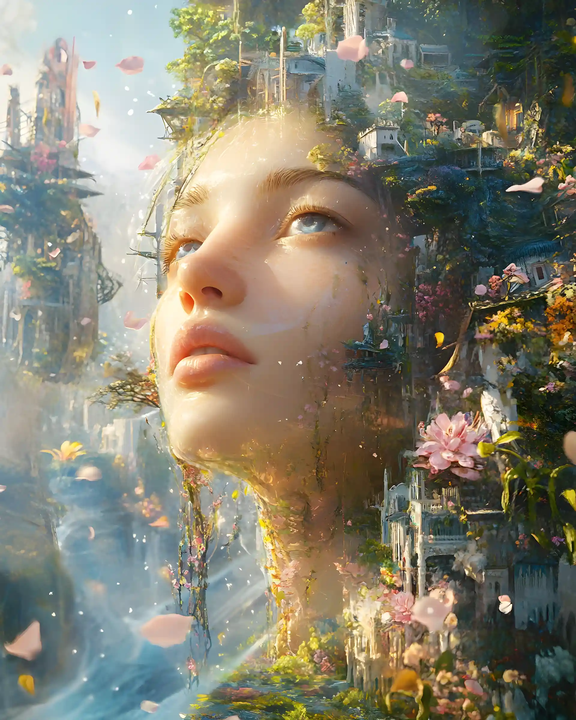 Ethereal Woman Emerging Above Floating Fantasy Islands