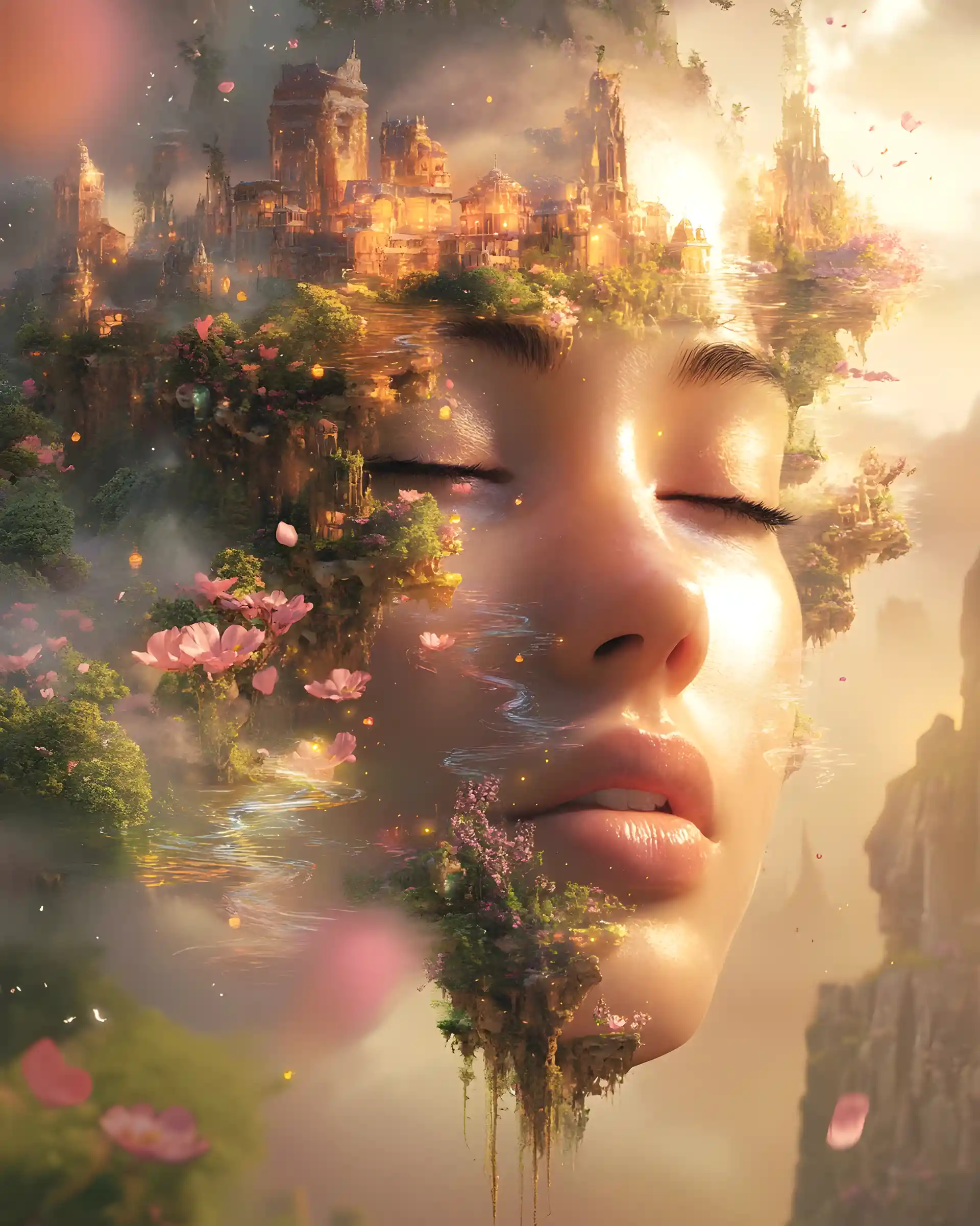 Ethereal woman above a fantasy world of floating islands