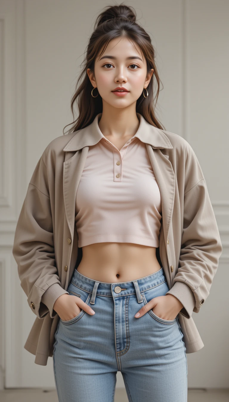 Woman in oversized polo shirt with hands in jeans pockets