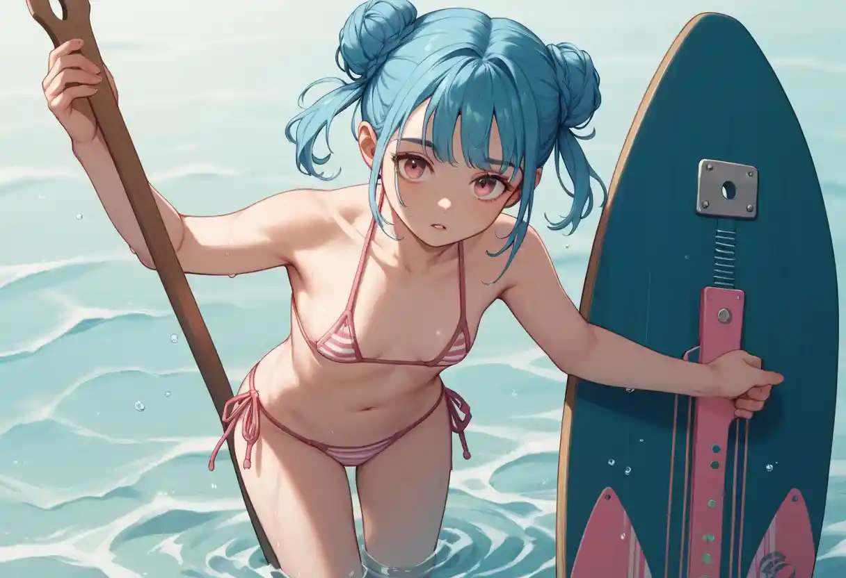 Blauhaariges Anime-Mädchen paddelt auf einem ruhigen See