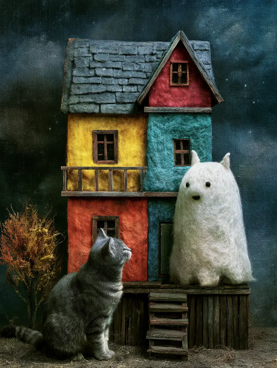 Felted tabby cat visiting a friendly ghost in haunted house