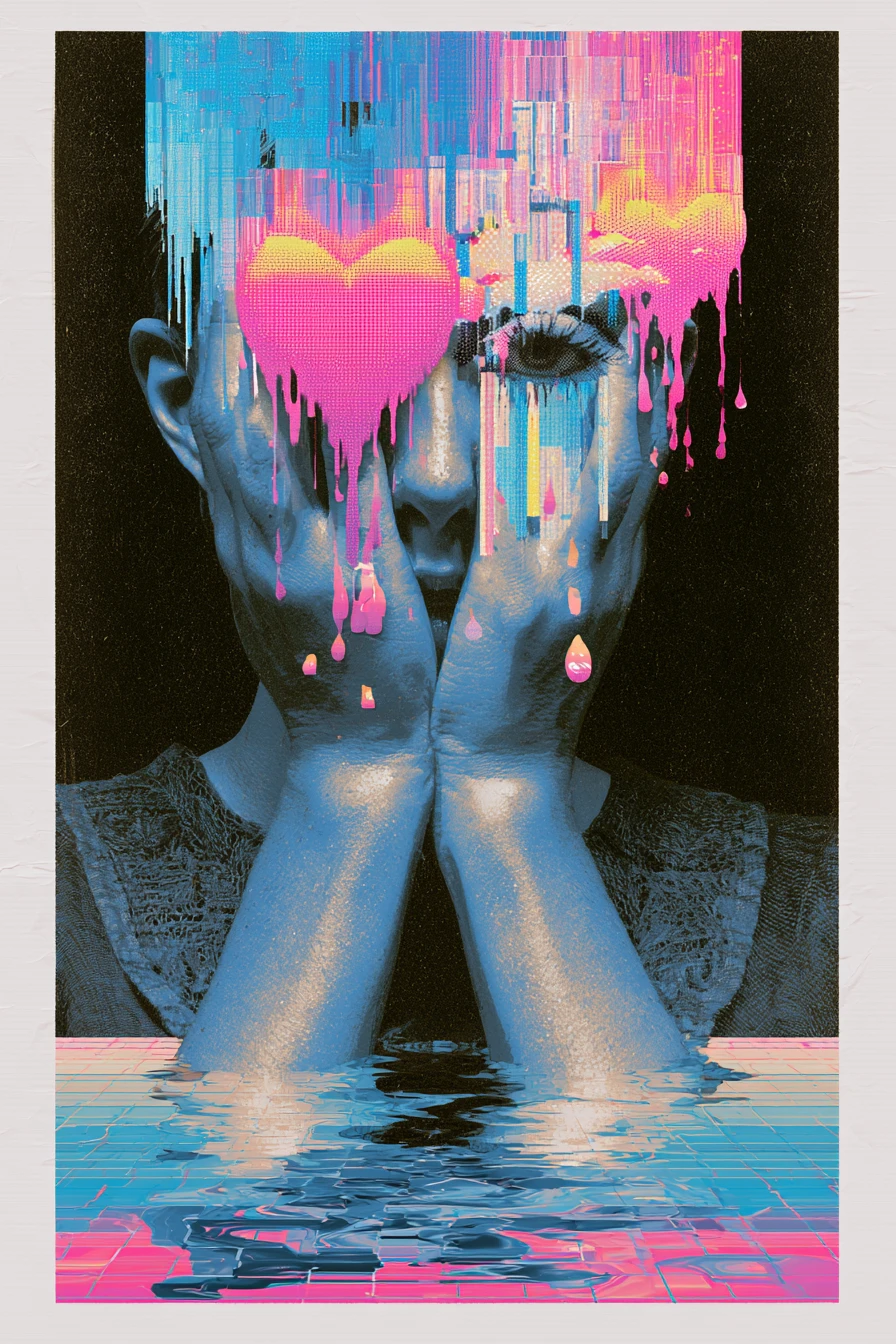 Colorful glitch art hearts with neon vaporwave glow
