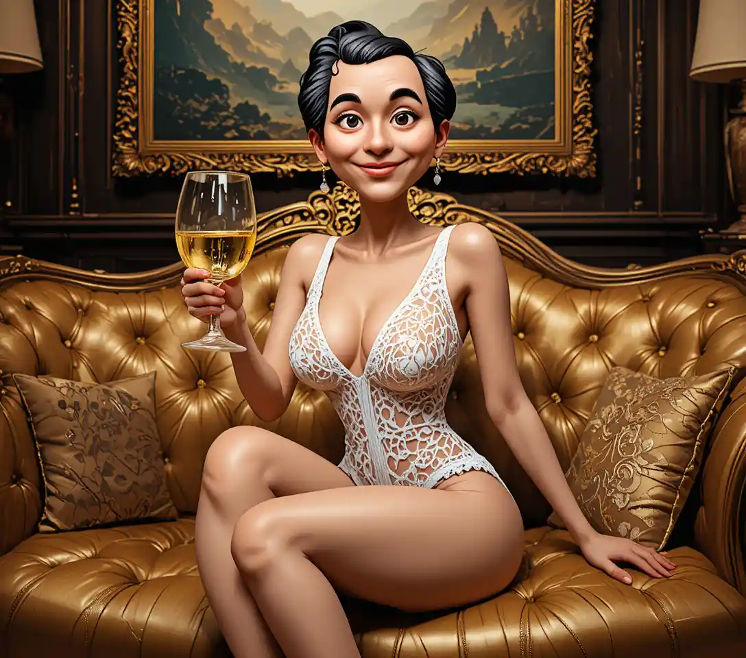 Elegant woman on gold sofa with champagne flute
