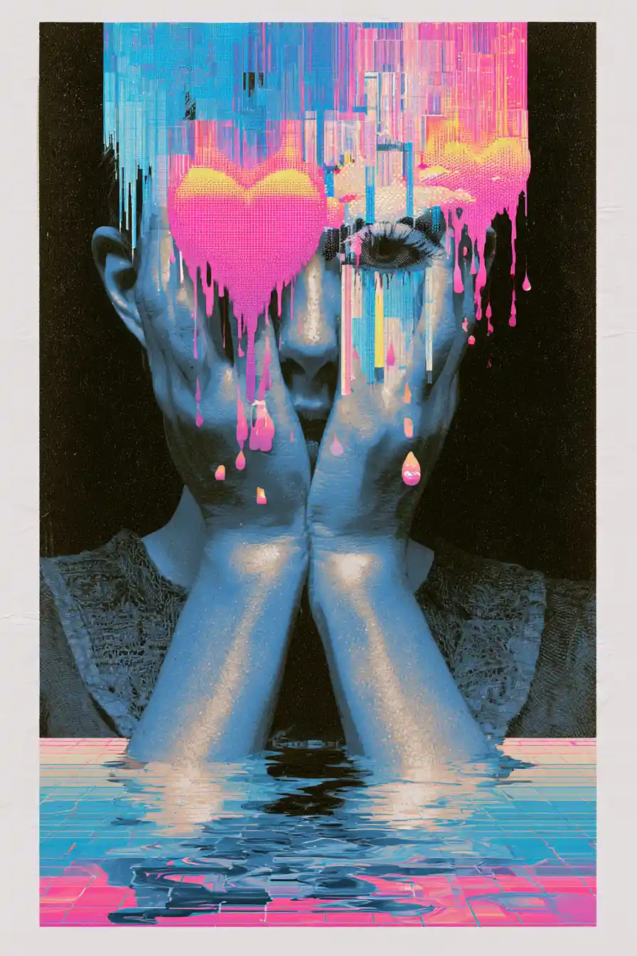 Colorful glitch art hearts with neon vaporwave glow