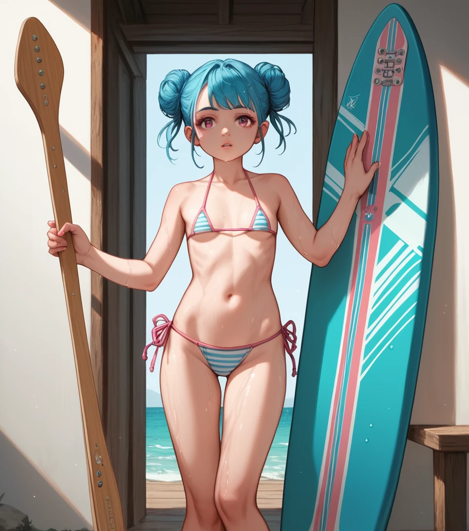 Blue haired anime girl kneeling on a paddle board