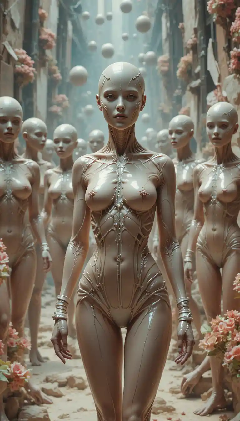 Surreal latex women floating in an abstract cosmic space