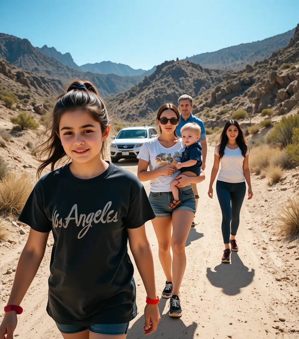 Family walking on a dusty mountain trail in bright sunlight