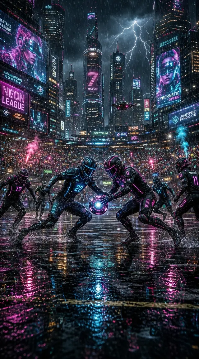 Intense rivalry game in a neon lit cyberpunk stadium