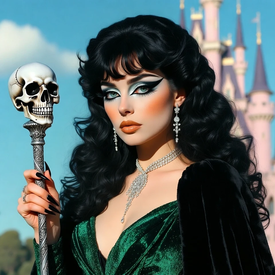 Dark sorceress woman before pastel fantasy castle