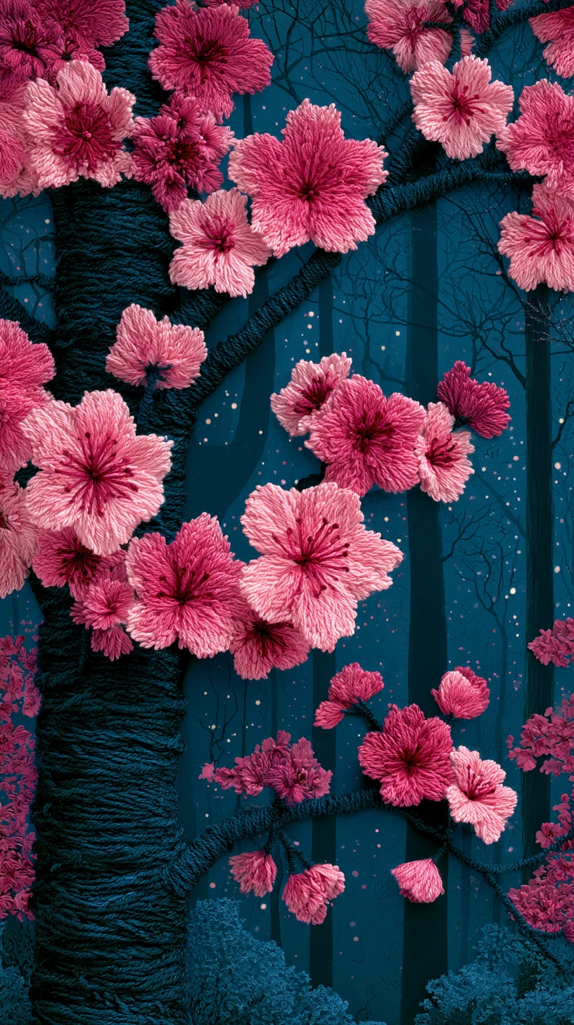 Knitted cherry blossoms glowing on a tree in enchanted forest