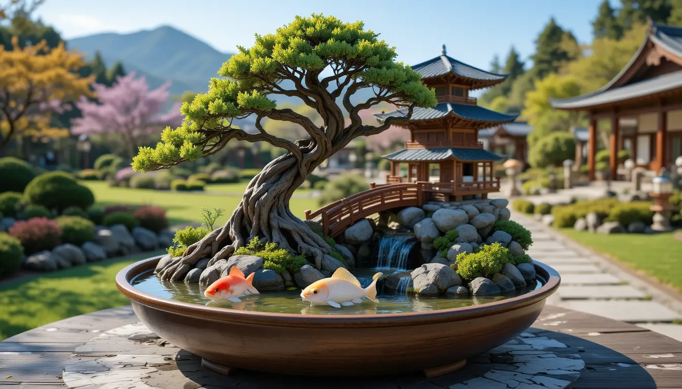 Miniature Bonsai Landscape With Pagoda And Koi Pond