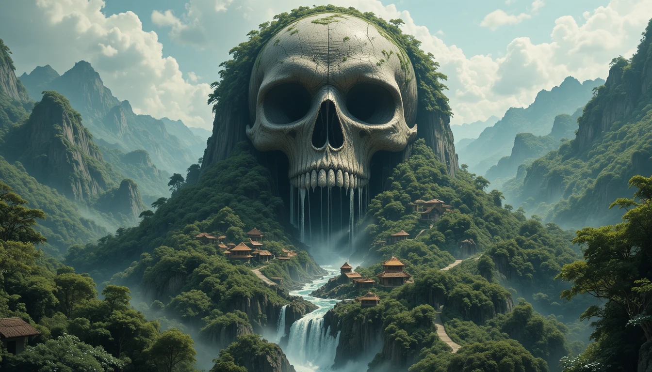 Gigantic skull mountain rising from a lush jungle river