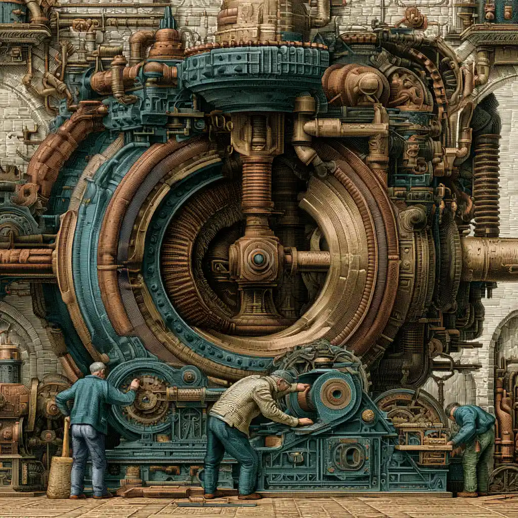 Strange Little Men Tending A Pulsating Cosmic Engine