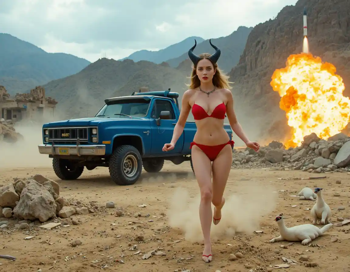 Armored warrior woman in desert ruins with explosion