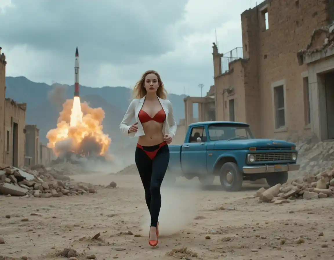 Warrior woman standing in rocky desert amid explosion