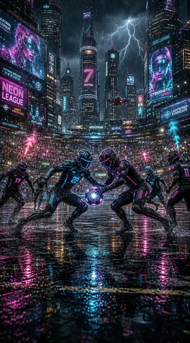 Intense rivalry game in a neon lit cyberpunk stadium