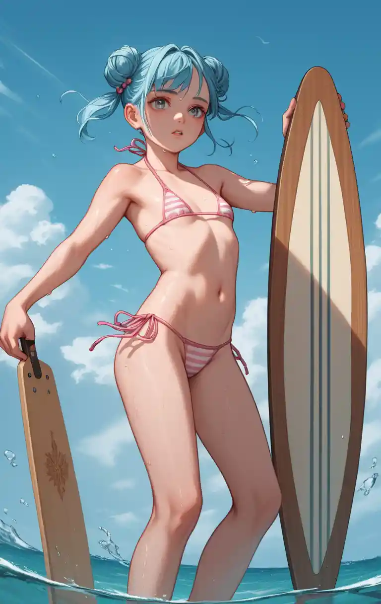 Blue haired anime girl paddling on a board over water
