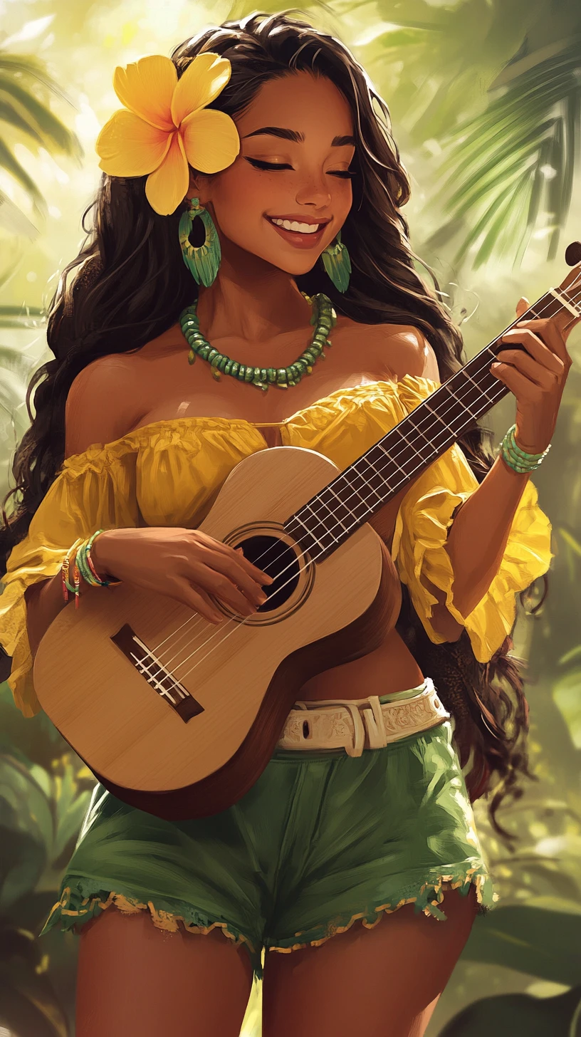 Smiling young woman playing ukulele with floral accent