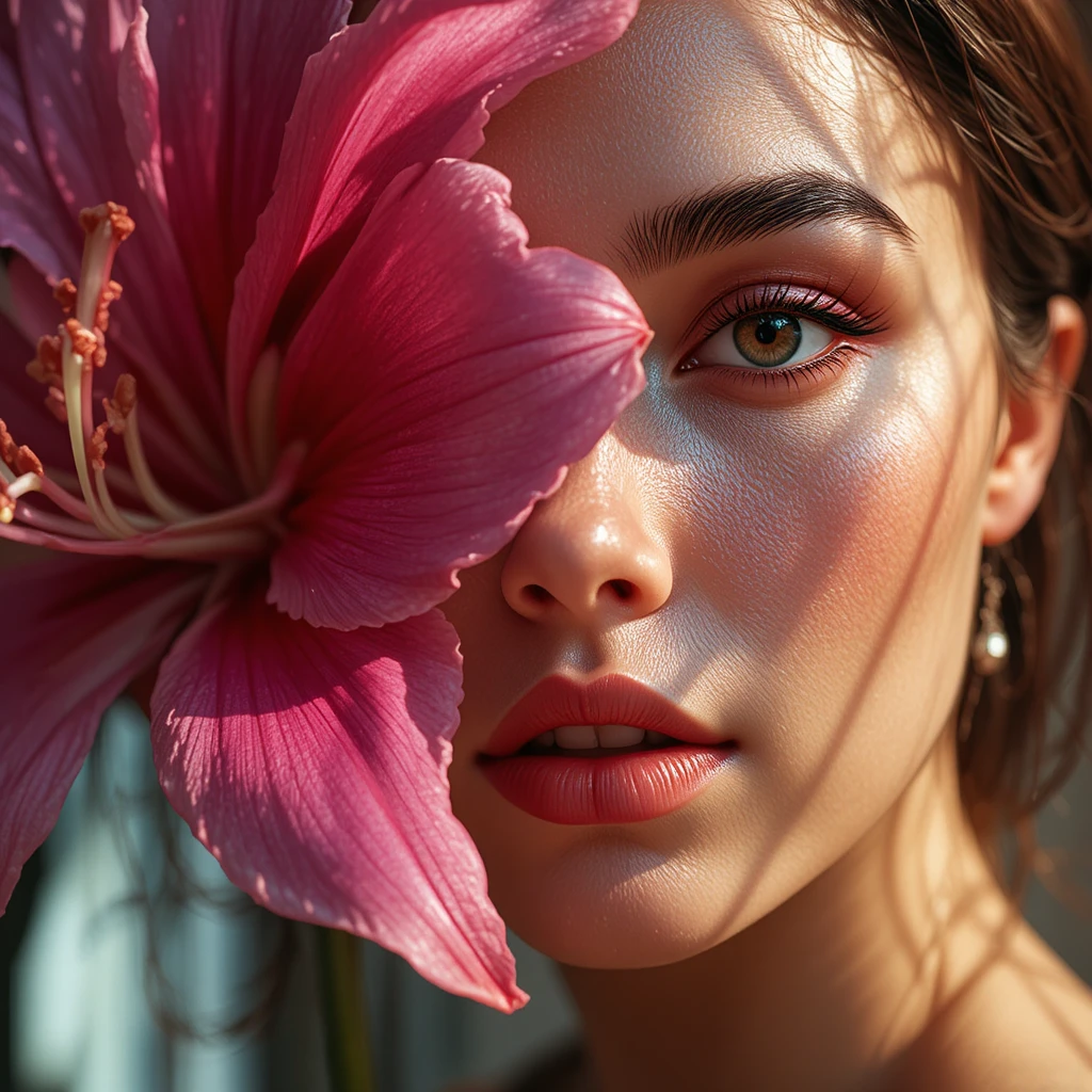 Extremes Nahaufnahme-Beauty-Porträt mit pinker Lilienblüte