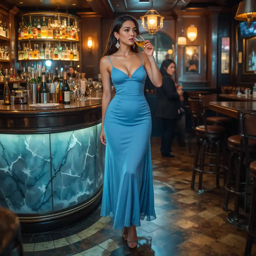 Donna alla moda che beve champagne in un bar trendy