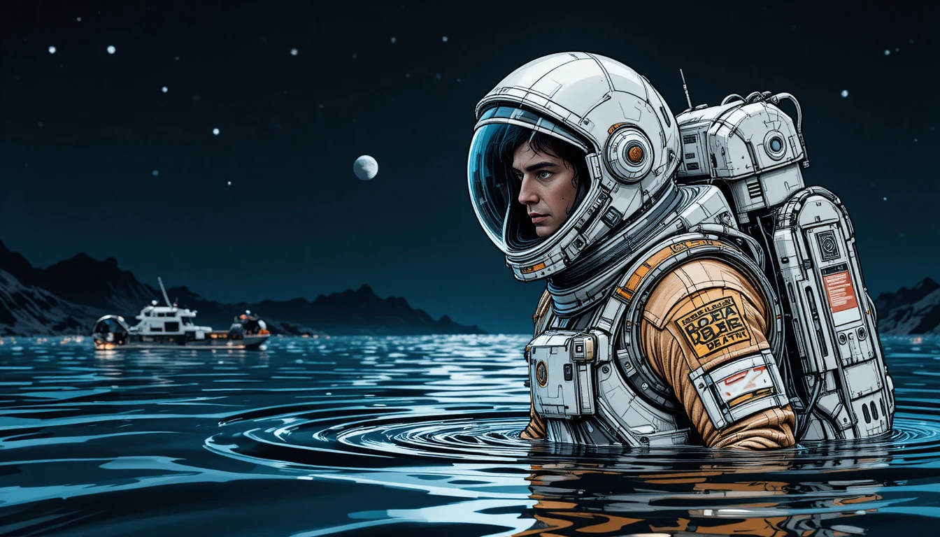 Astronaut Floating In Dark Ocean Under Starry Night Sky