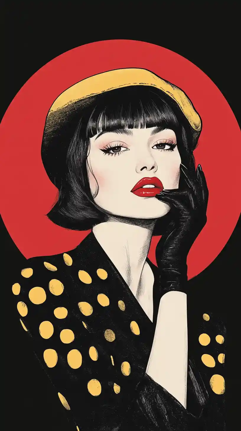 Stylish woman in beret with bold red circle backdrop