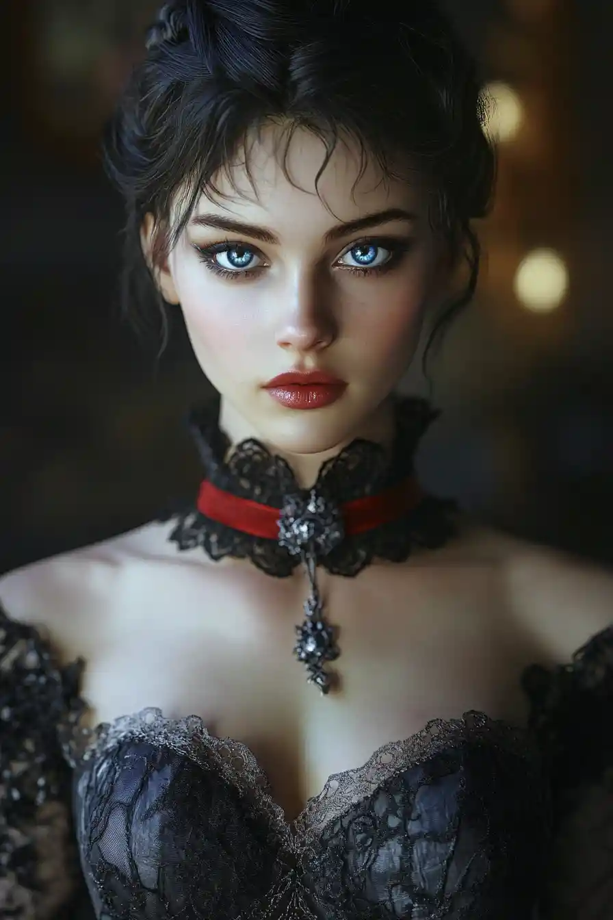 Elegant blue eyed woman in dark fantasy fashion