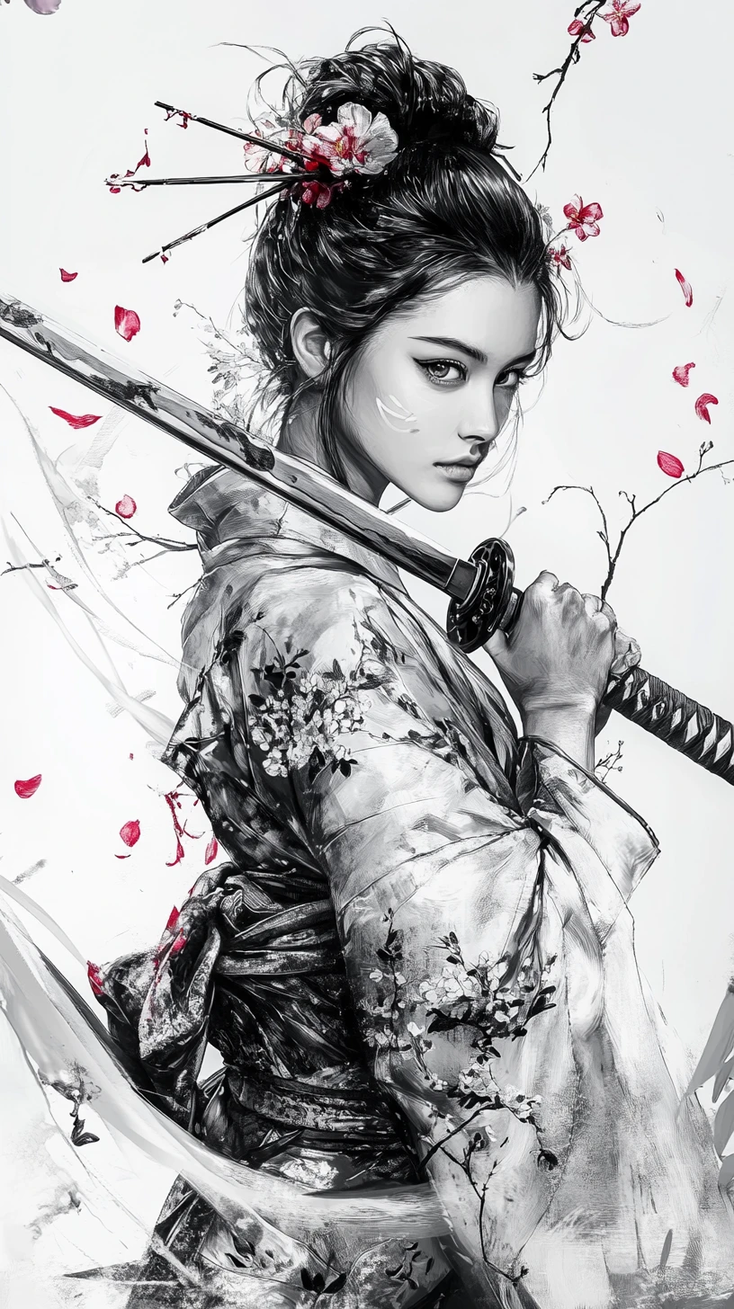 Female samurai in kimono defending with katana amid blossoms