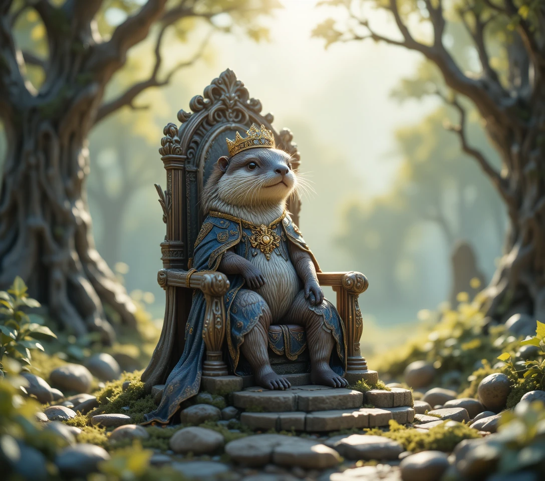 Regal otter king on a stone throne in forest glade