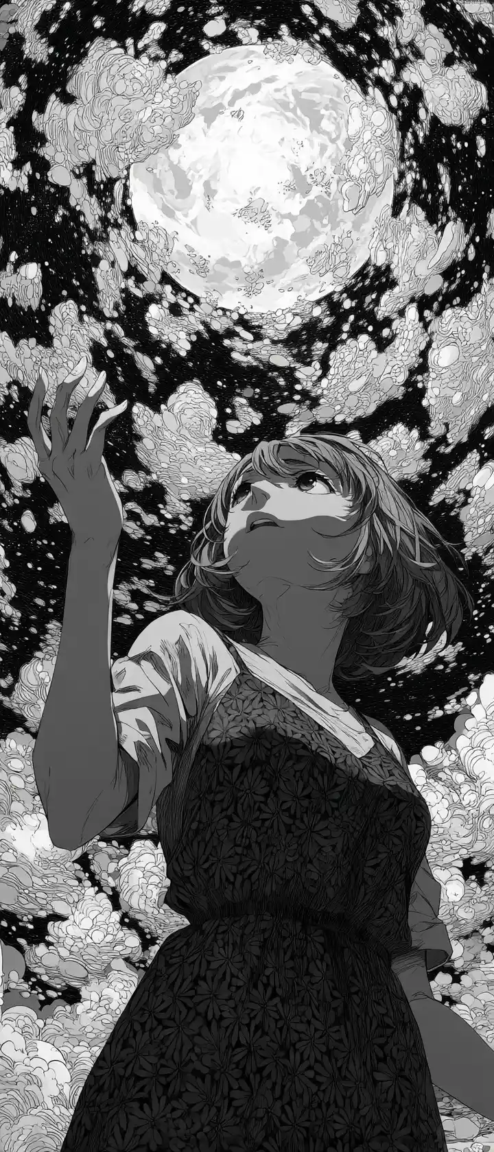 Anime girl reaching toward a colossal glass cosmos barrier
