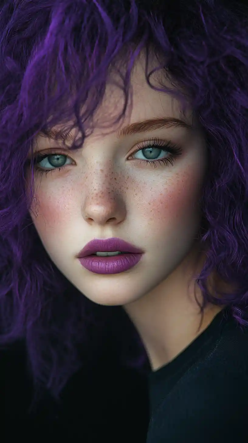 Ritratto di ragazza dai capelli viola con intensi occhi azzurri