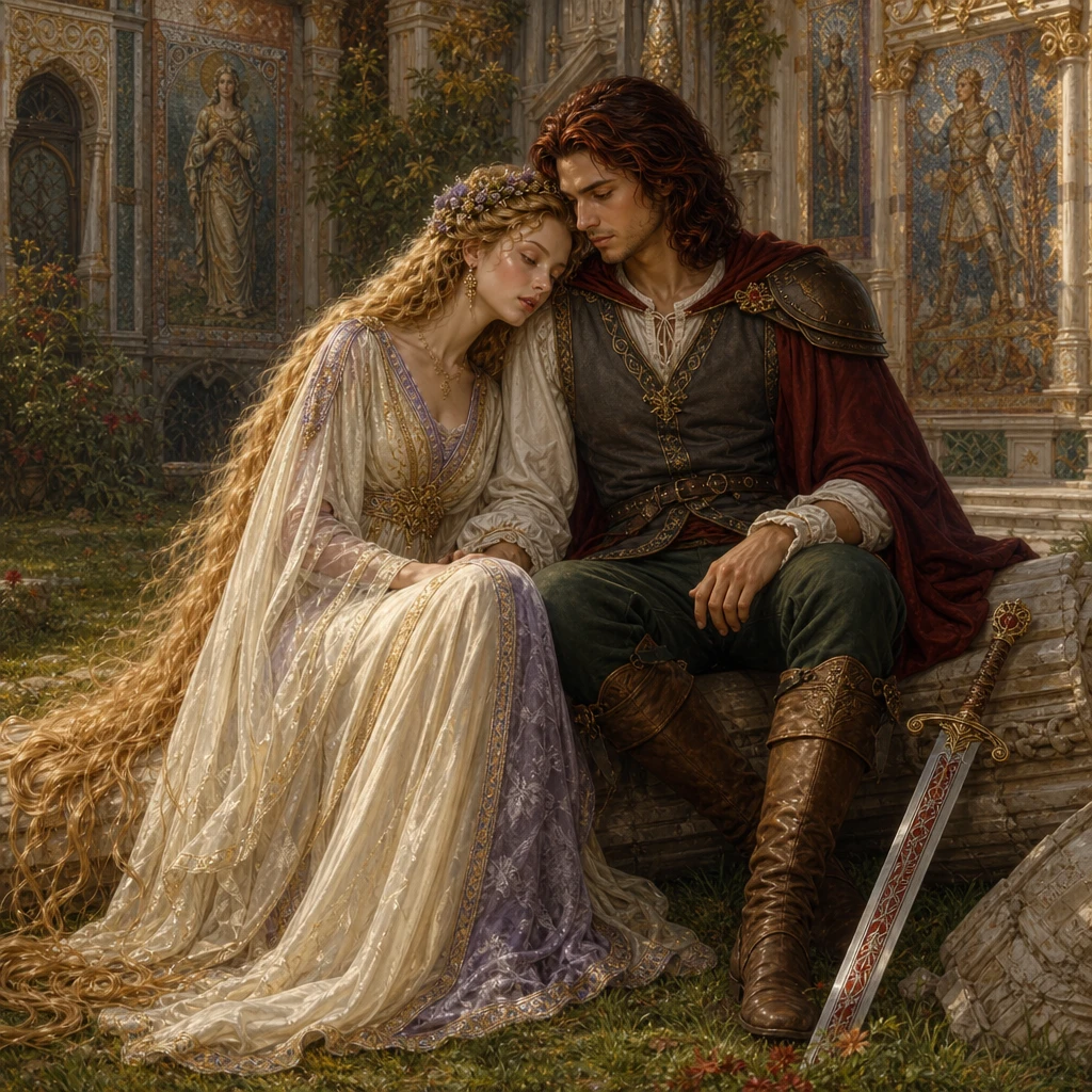 Renaissance couple seated in a castle garden courtyard