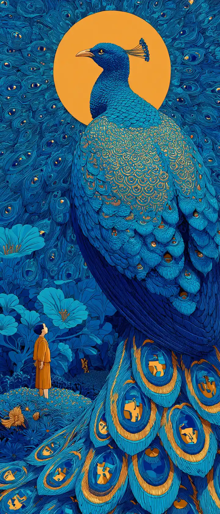 Decorative phoenix offering a golden feather to a small child