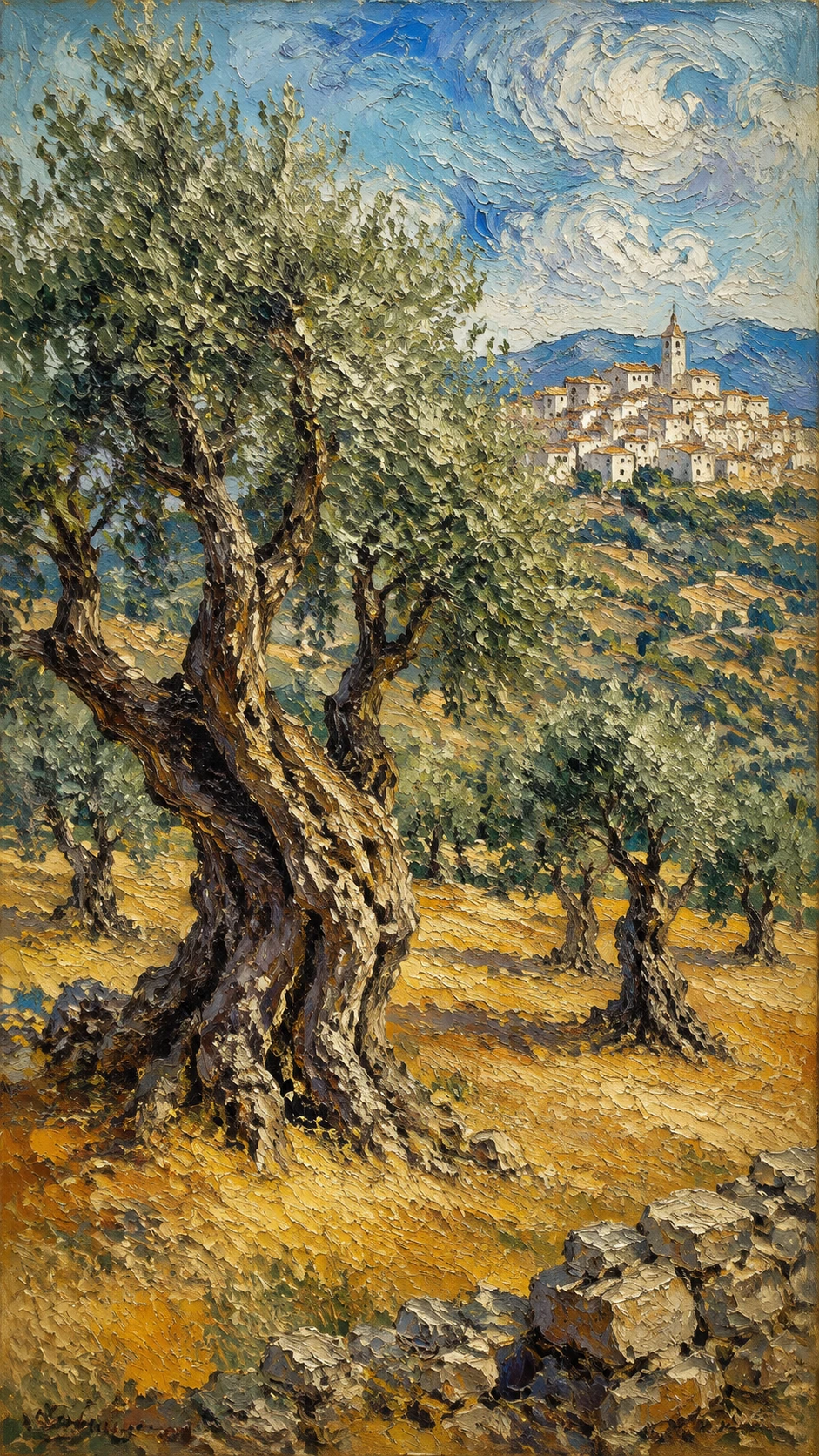 Sunlit olive trees and distant village in rolling hills