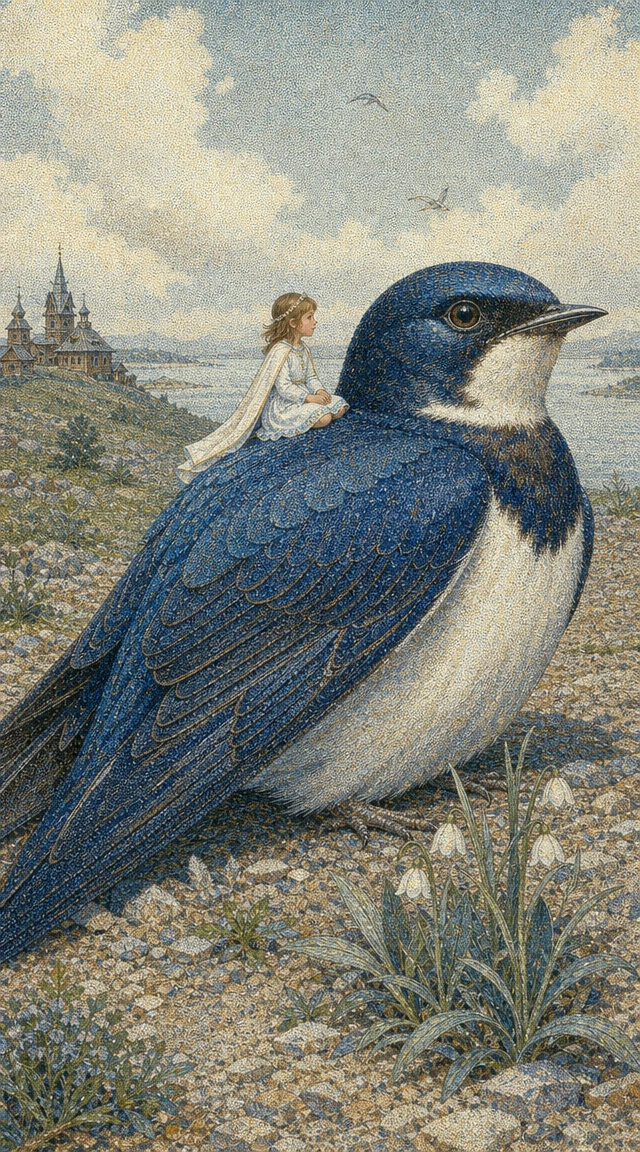 Niña pequeña con vestido blanco montando una golondrina azul