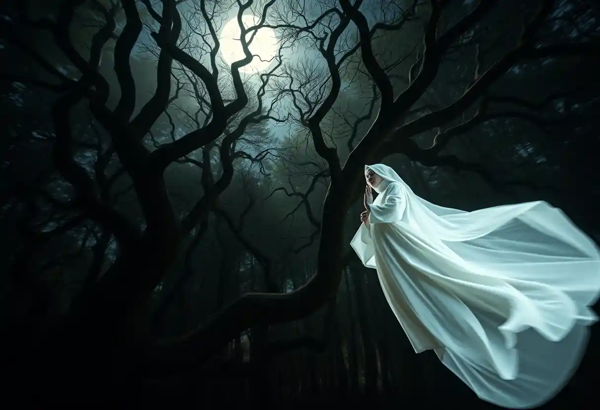 Mystical nun floating quietly in a moonlit forest