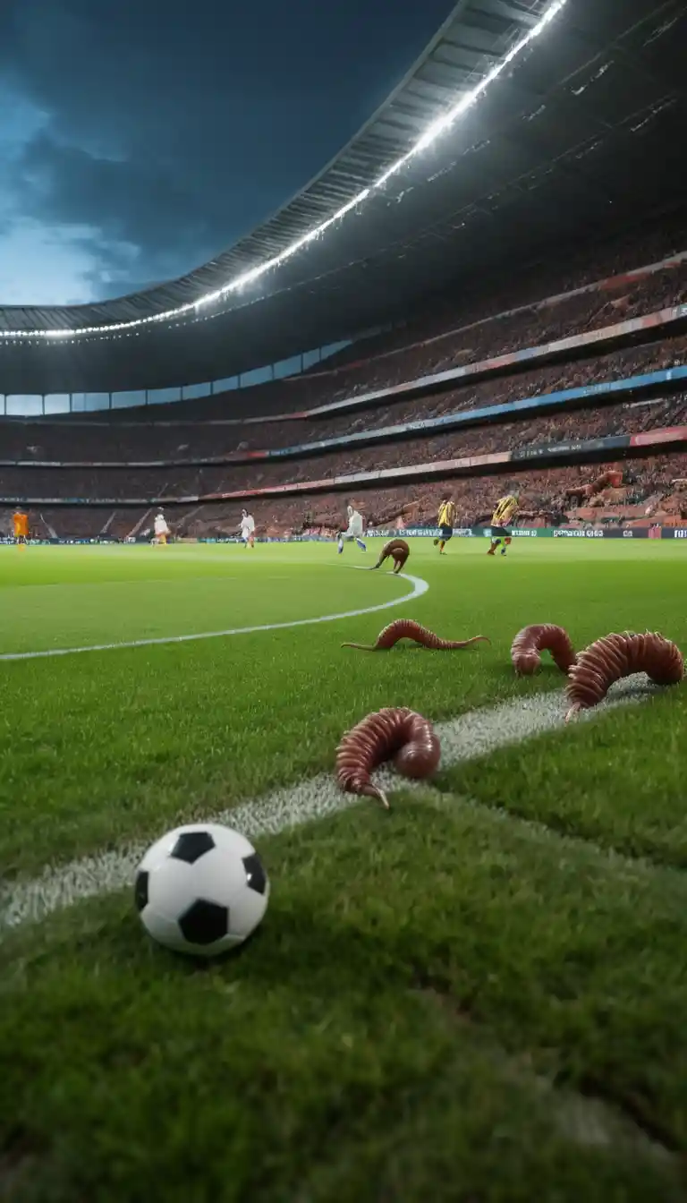 Earthworms Playing Football In A Busy Evening Stadium