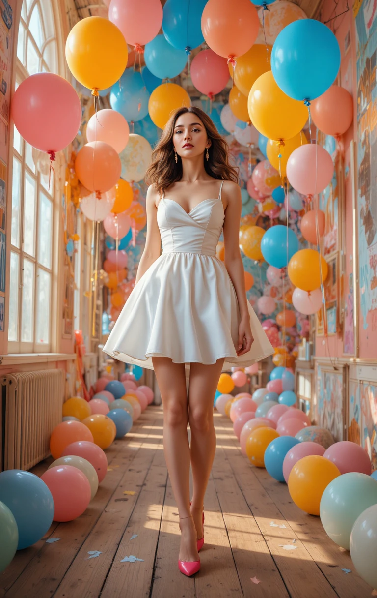 Mujer con vestido blanco de flecos y globos en un pasillo