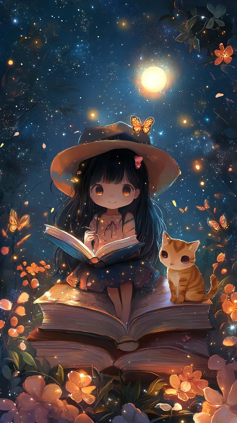 Chibi girl reading with cat on a glowing leaf