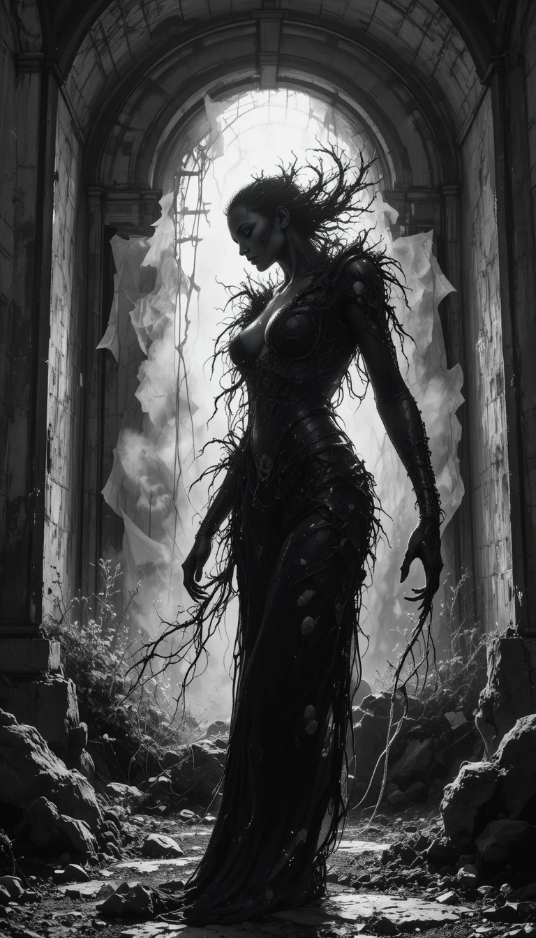 Abstract black and white monster in stark shadowy silhouette