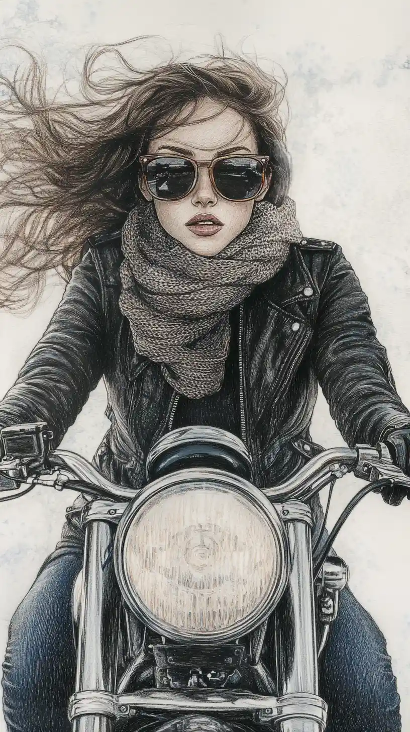 Confident biker woman riding toward the viewer in ink illustration