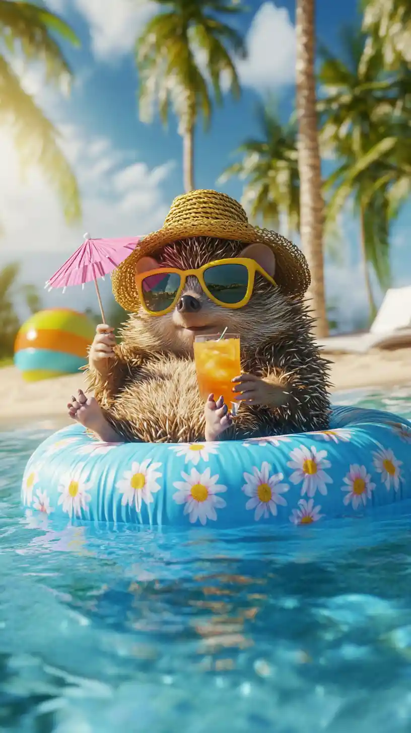 Relaxed Hedgehog Floating On Pool With Summer Cocktail