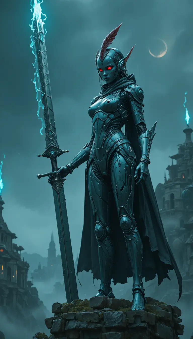 Cyborg warrior woman with horned armor beneath a blue moon