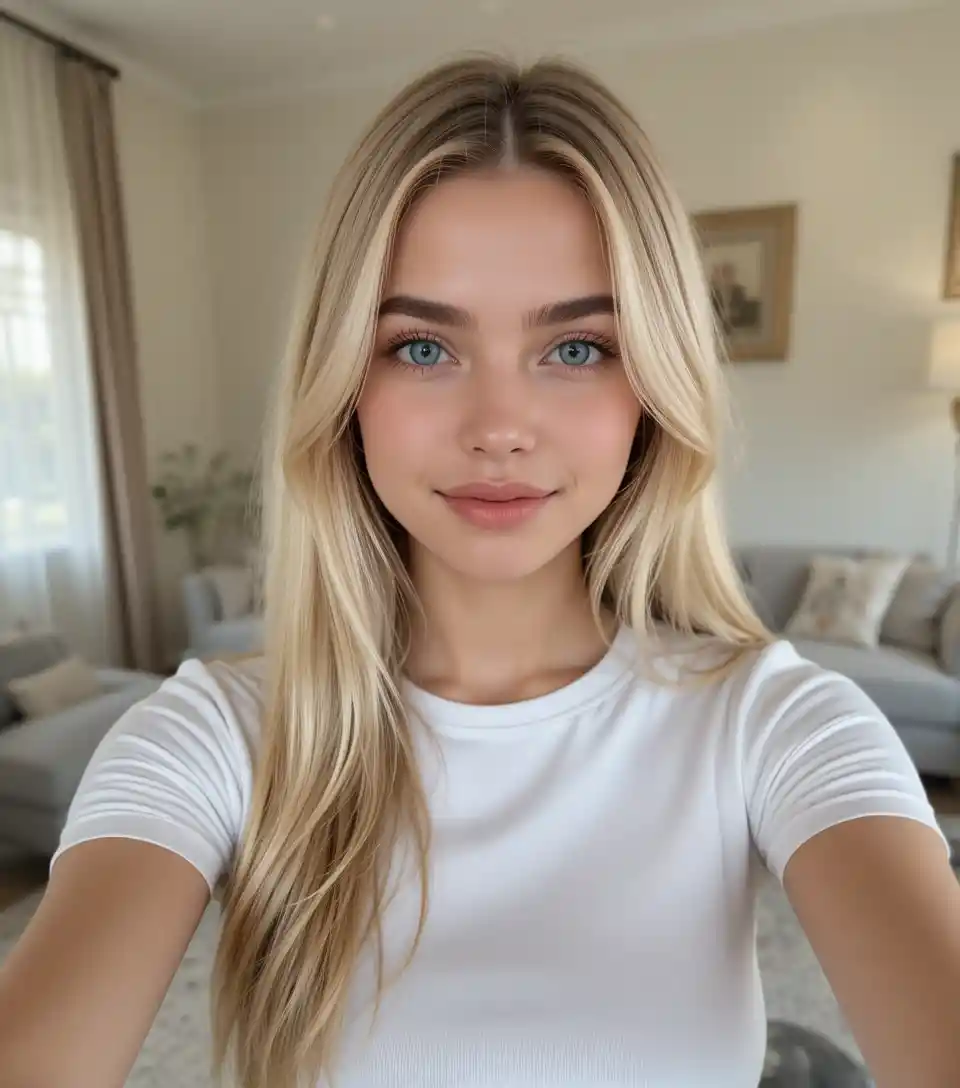 Smiling blonde teen girl selfie in bright living room