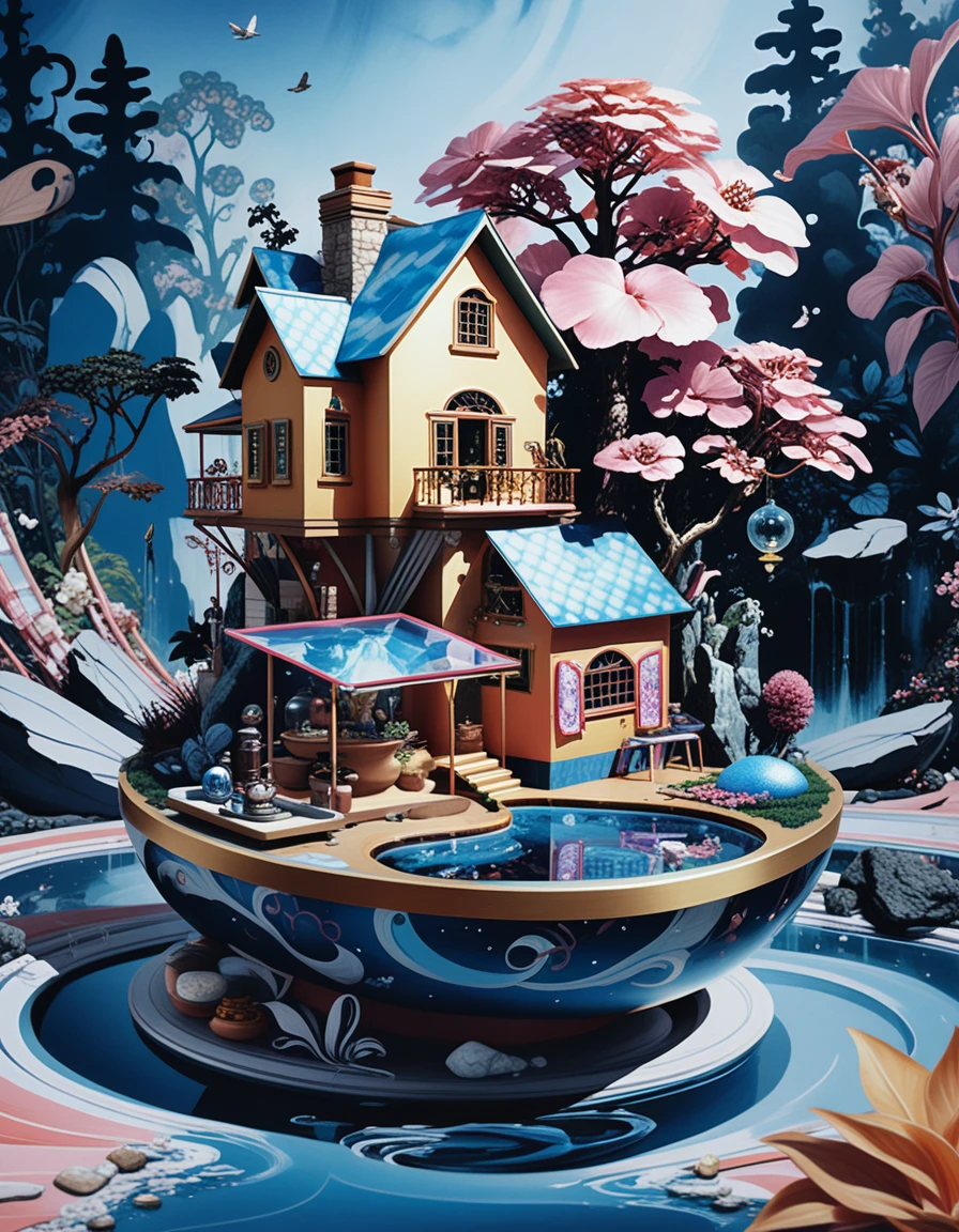 Miniature stone house diorama on a floating fantasy island